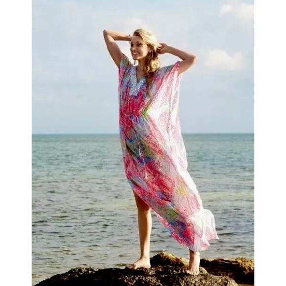Lilly Pulitzer Coleman‎ Caftan Let’s Cha Cha Size Small Pink Beaded Maxi RARE - Picture 2 of 13